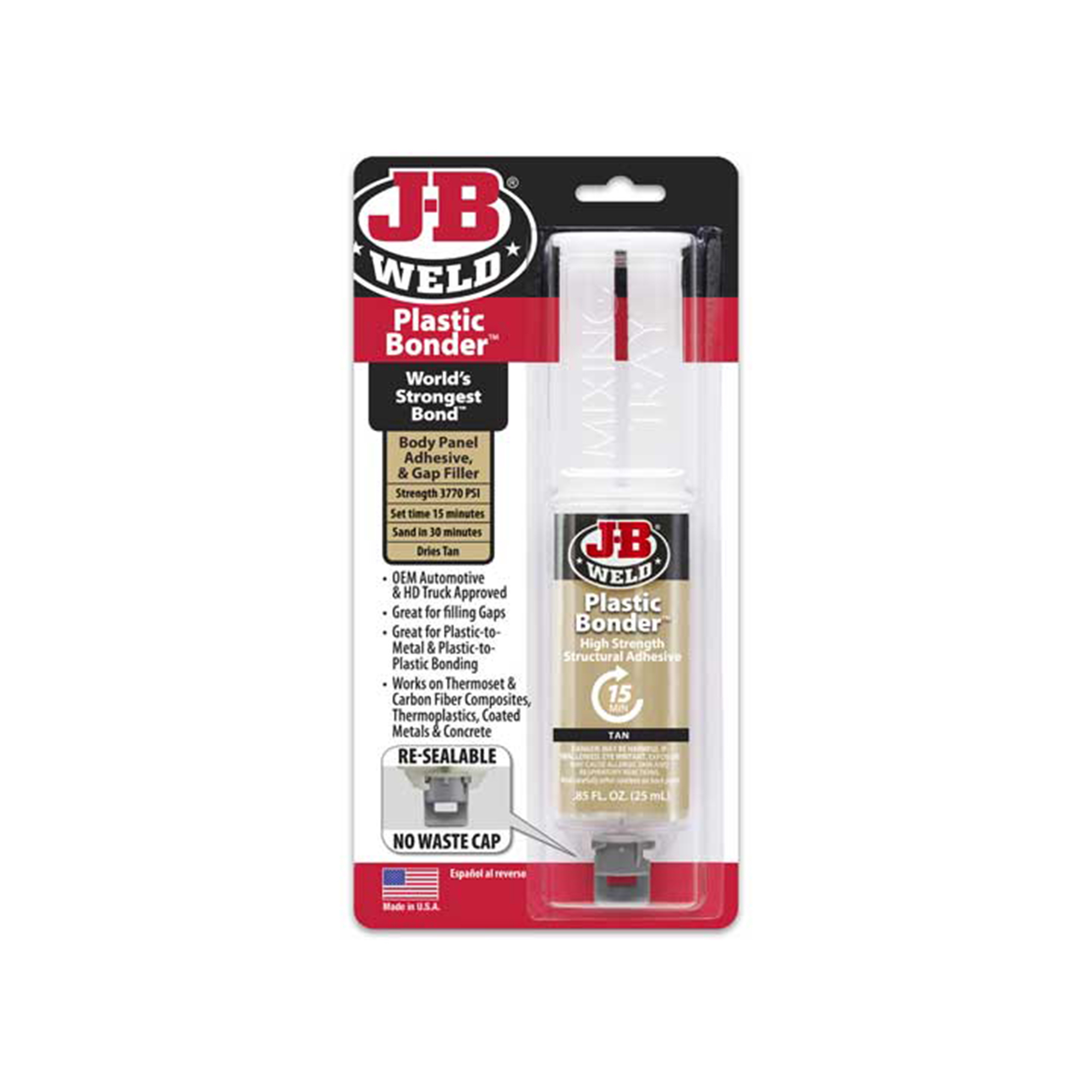 JB Weld PlasticBonder — 25ml Syringe, Tan, Fast-Setting, Sandable, 3770 PSI, Model# JBW50133